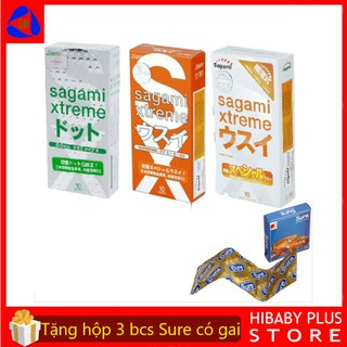 [Bộ 3 Hộp] 30 Bao cao su Sagami Nhật bản siêu mỏng, gân gai, nhiều gel - Tặng 3 chiếc BCS Duratana hãng Tanaphar