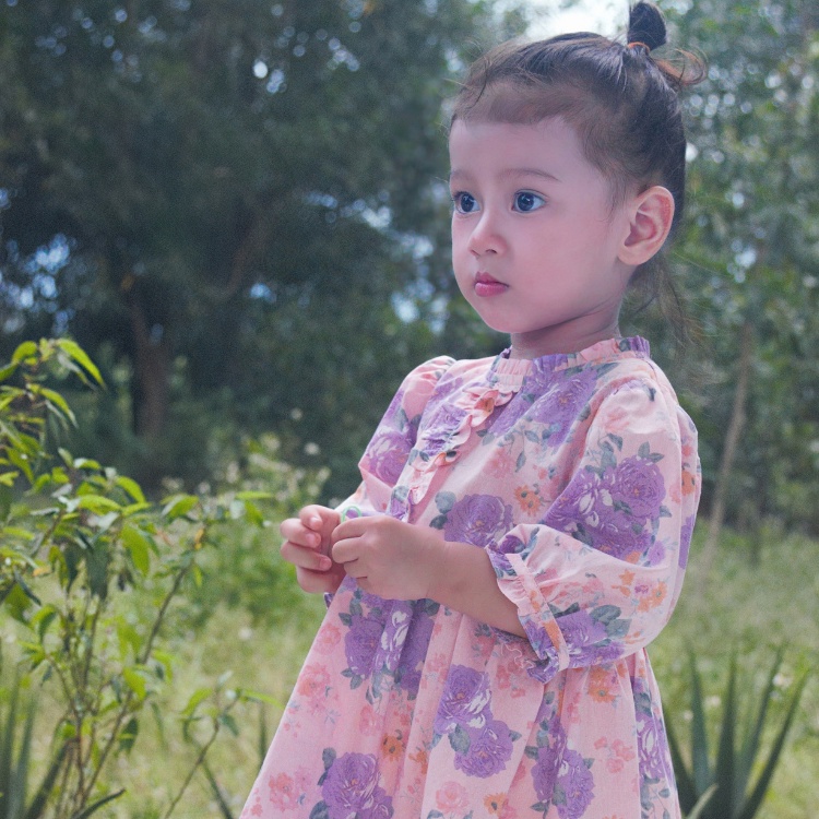 Váy bé gái CARROT đầm xòe tay lỡ viền bèo ngực, hoạ tiết hoa tím, chất liệu Thô cotton thấm hút mồ hôi tốt