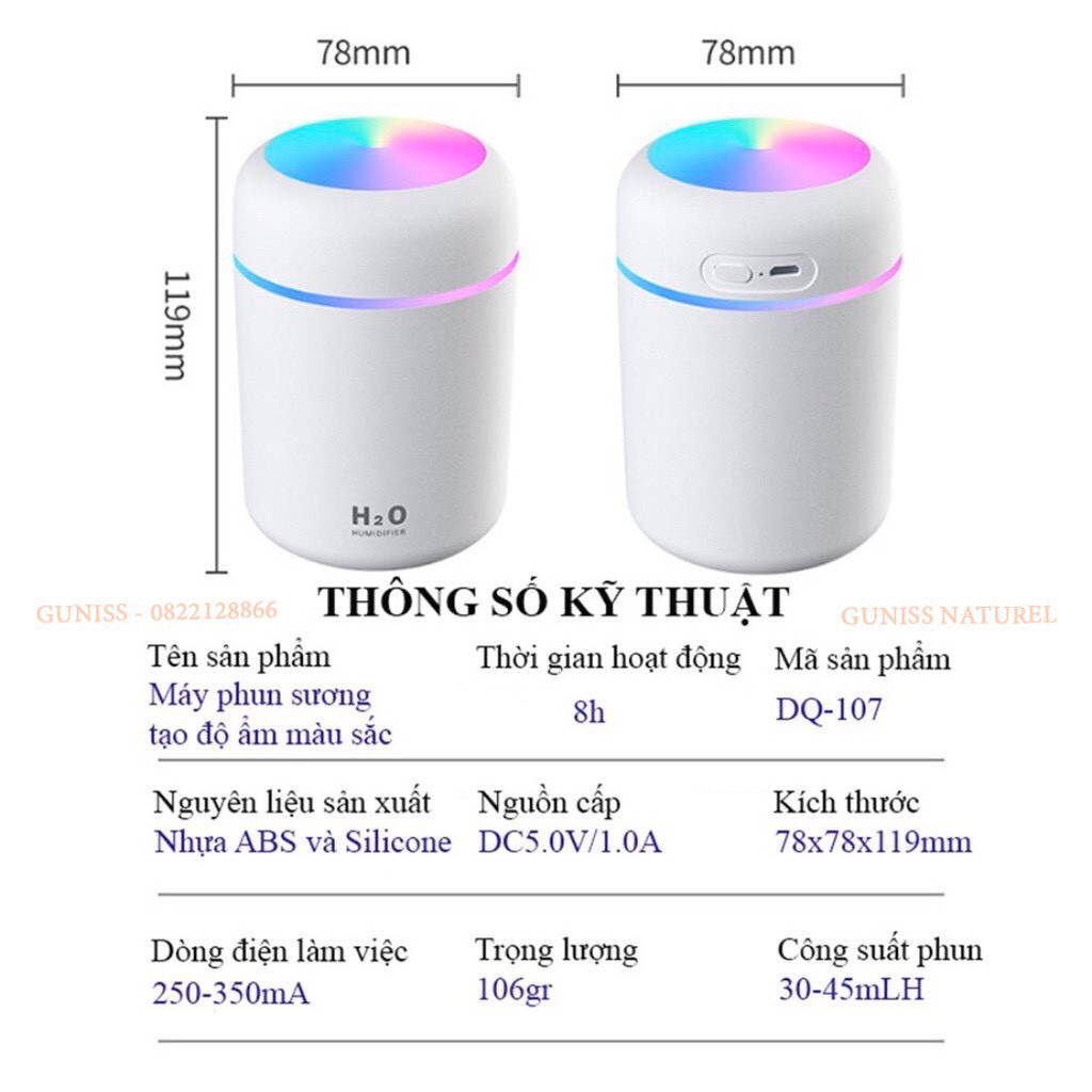 Máy Phun Sương Mini H2O Tạo Độ Ẩm, Đèn LED Nhiều Màu Sắc - 300ml, Phun 8h, - USB COLORFUL HUMIDIFIER