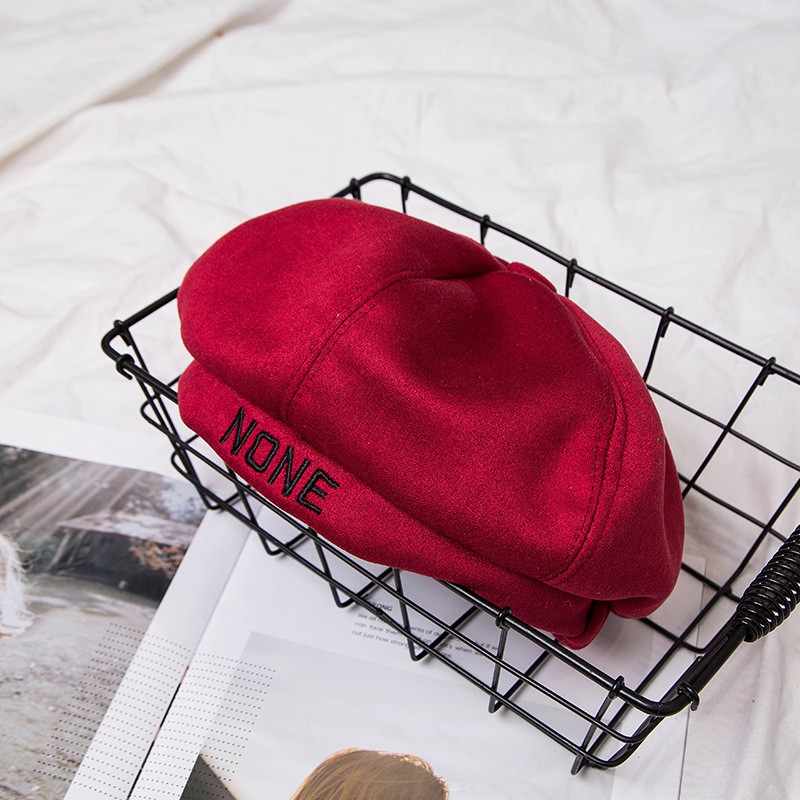 Mũ nồi, mũ beret da lộn thêu chữ None hàng dày dặn phong cách hàn quốc