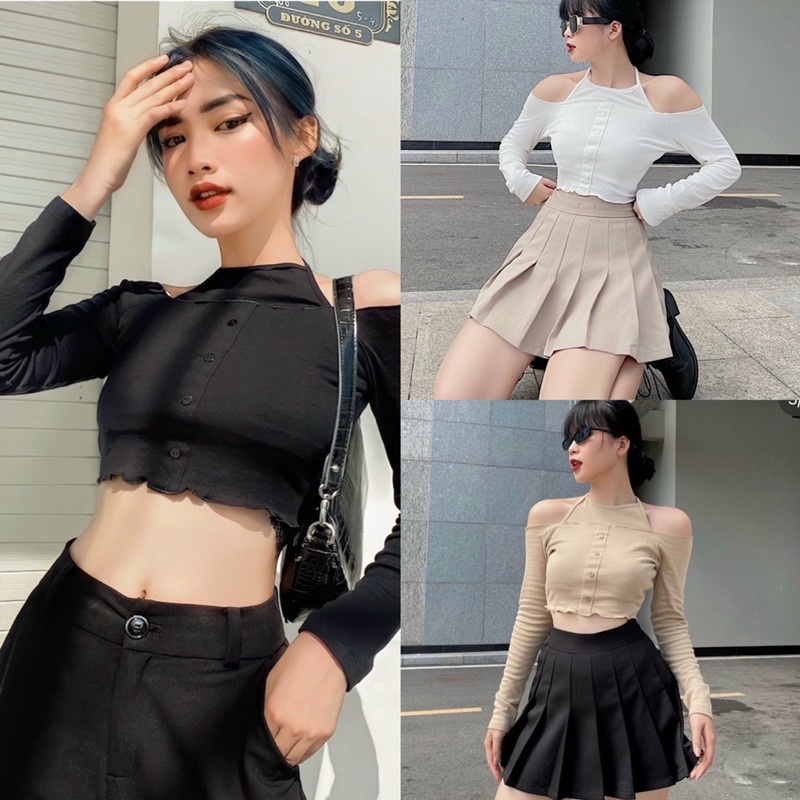 Áo Dài Tay Khoét Vai YUMI BÁN SỈ Áo Kiểu Nữ Tay Dài Cổ Yếm Siêu Hot Trendy A05