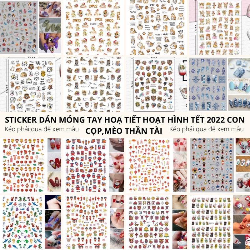 Sticker, hình dán móng hoạ tiết Tết 2022 Nhâm Dần con cọp,hổ, chú mèo thần tài may mắn trang trí móng tay nghệ thuật