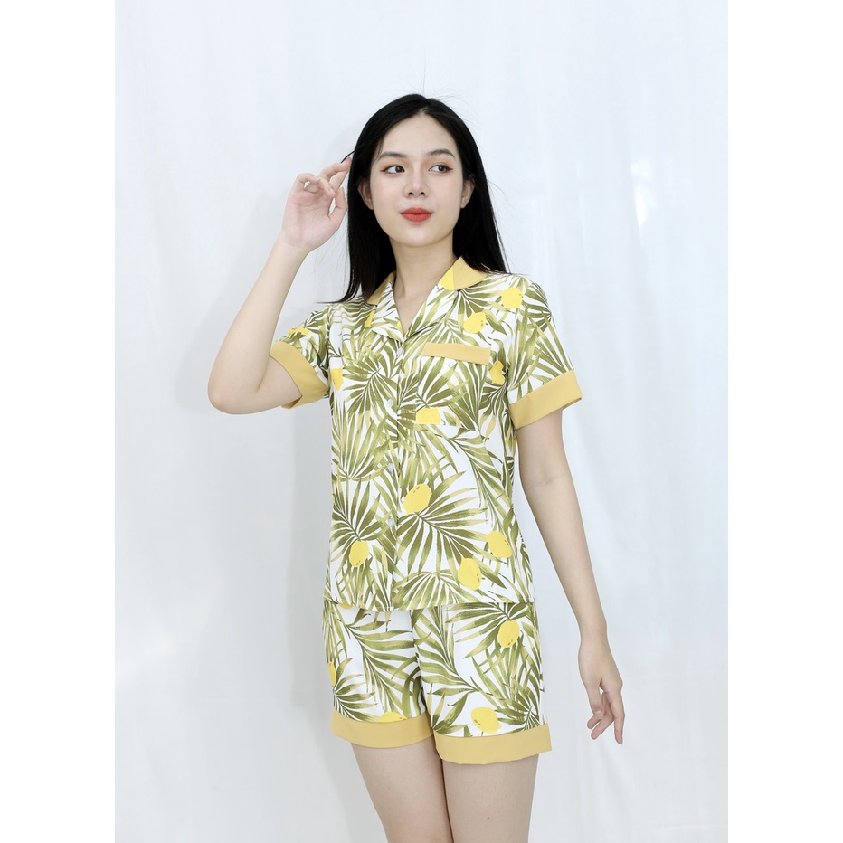 [HÌNH THẬT 100%]  Bộ đồ bộ ngắn MÀU TRẮNG LÁ XANH PHA CỔ  - vải siêu lụa cao cấp  - Cực Kì Sang Chảnh