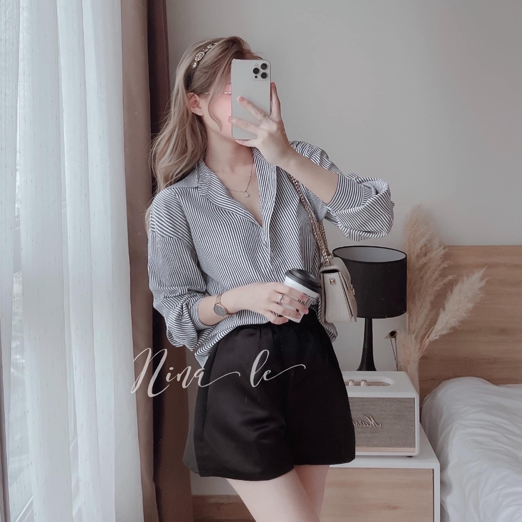 Sét bộ đồ nữ áo sơ mi dài tay kẻ sọc đa dạng màu sắc  phối quần đùi xinh xắn.