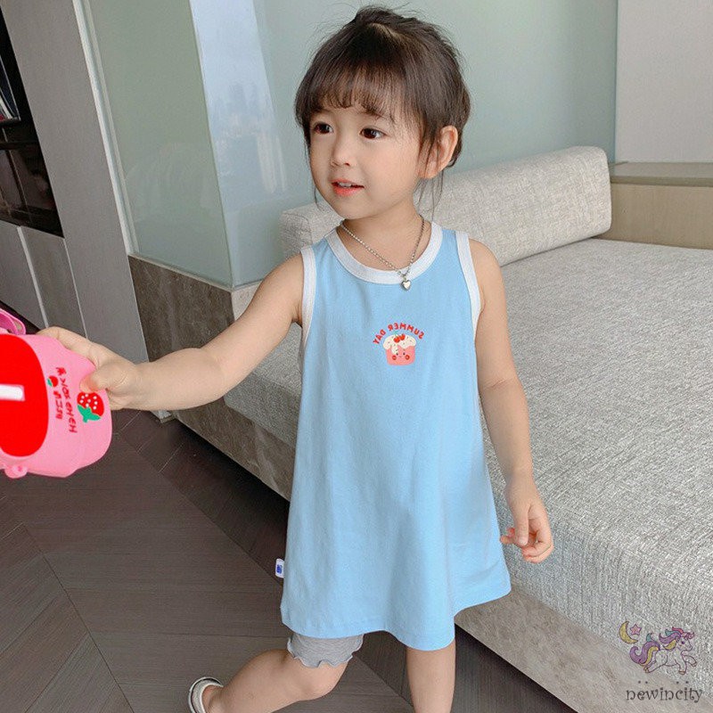 Đầm sát nách in họa tiết hoạt hình phong cách Hàn Quốc thời trang cho bé gái