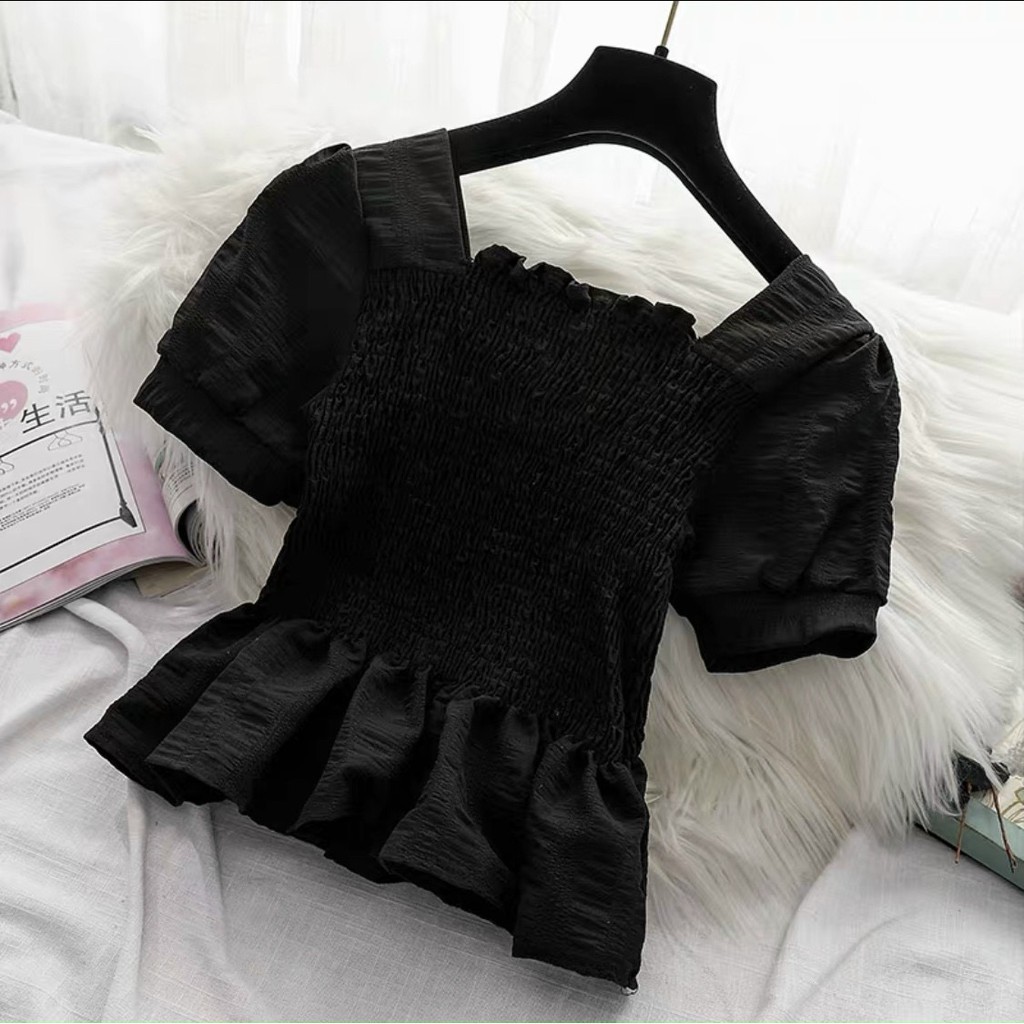 Áo nhún cổ vuông tay ngắn chất vải đũi xịn, phong cách dễ thương ôm dáng tôn dáng cực xinh | BigBuy360 - bigbuy360.vn