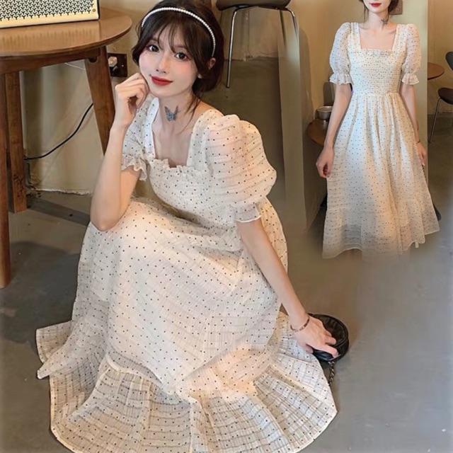 [Có sẵn] Váy trắng cổ vuông công chúa tay bồng. Váy maxi chấm bi chun ngực hở lưng chụp kỉ yếu có hình thật