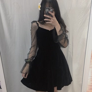 [ORDER]Đầm đen nhung tay phối lưới