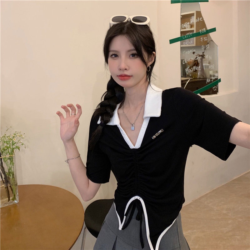 Áo thun polo Yeya phối dây rút cá tính cho nữ