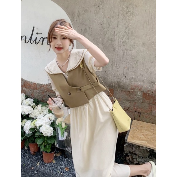 SET ĐẦM KEM MIDI CỔ SEN + ÁO GILE NÂU