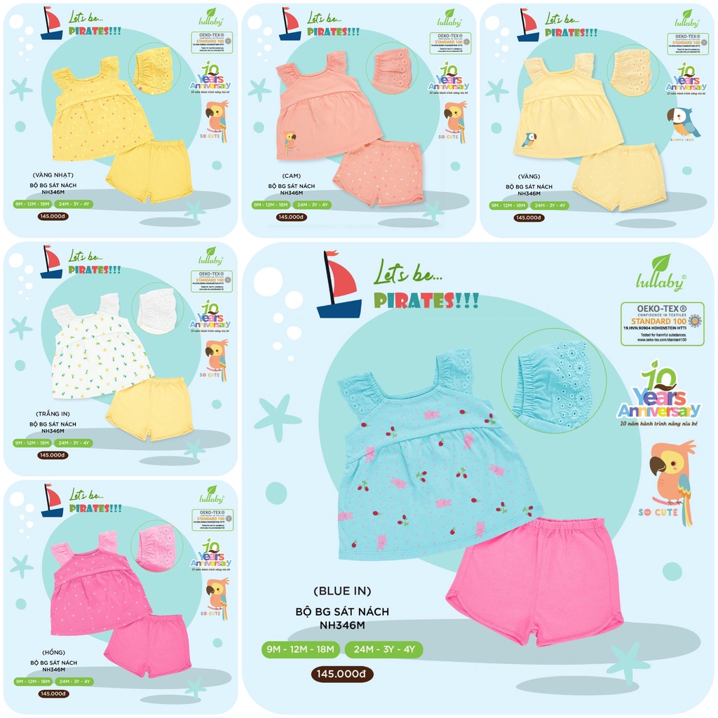 (9->48 tháng) Bộ 3 lỗ sát nách tay ren bé gái Lullaby - 100% cotton mềm mát, thoáng khí (NH346M)