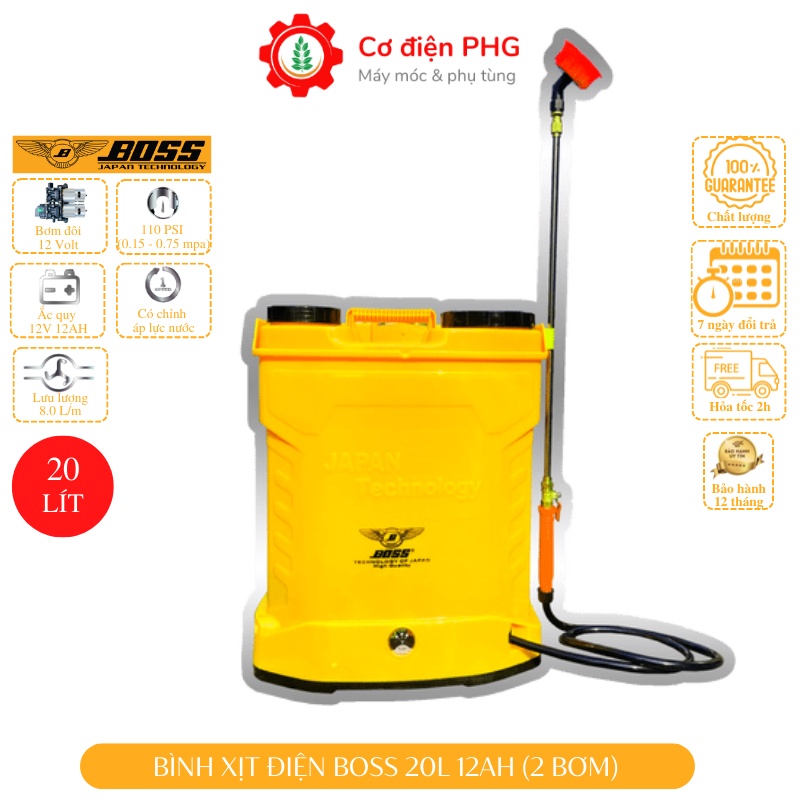 Bình xịt phun thuốc trừ sâu bằng điện BOSS 20L 12V 12AH | 2 bơm | Công nghệ Nhật Bản | Bình phun thuốc