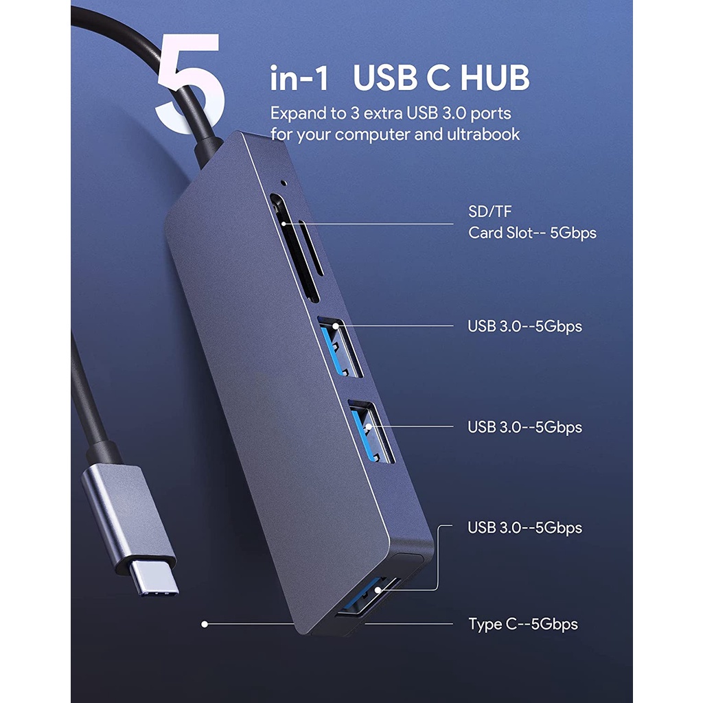Đế Sạc 5 Trong 1 USB c HUB Type-c Sang SD / TF USB3.0 USB2.0 Type c Đọc Thẻ Nhớ Cho Laptop / Điện Thoại / Máy Tính Bảng