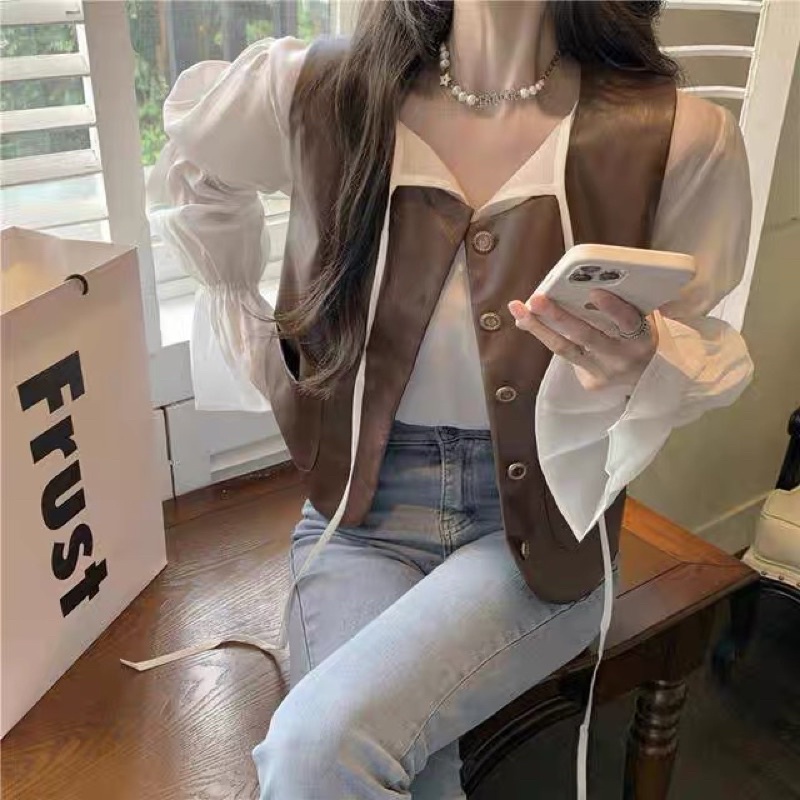 Áo Sơ Mi Tiểu Thư Tay Bèo Phối Gile Da