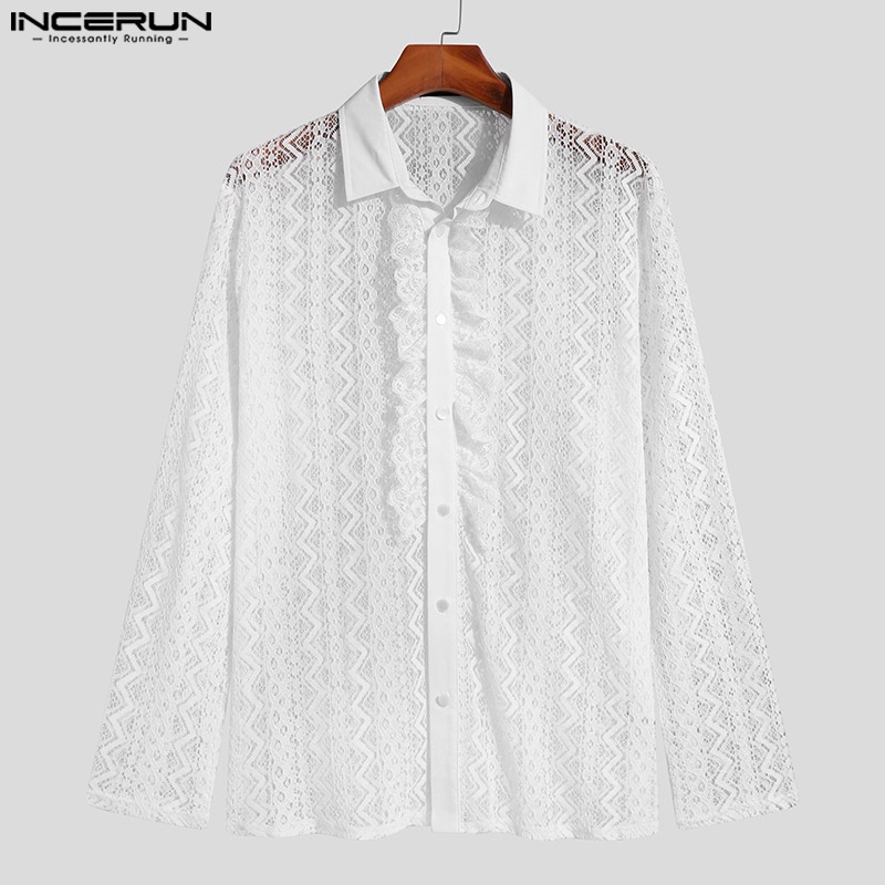 Áo sơ mi INCERUN dài tay phối ren lưới xuyên thấu phong cách Anh Quốc thanh lịch cho nam