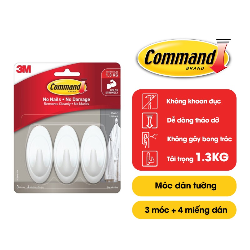 Móc dán tường Command 3M vỉ 3 cái chịu lực 1.3kg tháo cực dễ, không hại bề mặt 17086