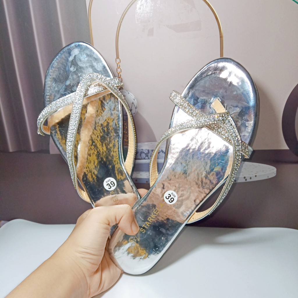 Dép kẹp mũi tròn đính đá lót nhũ đế dẻo xịn  Mys Rosa Factory đ-0266