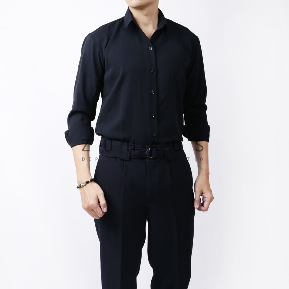 Áo sơ mi nam form fit đen vải nhập Hàn Quốc không nhăn (Hàng thiết kế - Zuhaus)