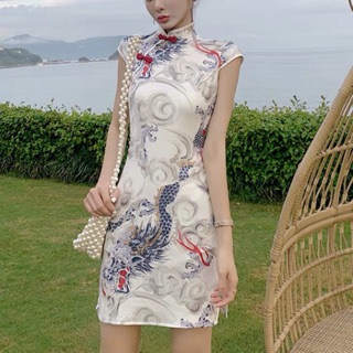 3 ảnh thật cuối sườn xám trắng hoạ tiết rồng trung hoa