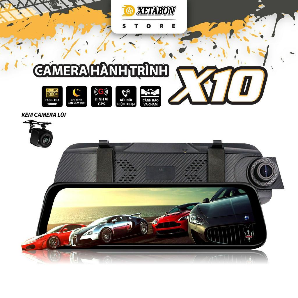 Camera hành trình ô tô X10 Full HD 1080p có kết nối điện thoại, gương chiếu hậu trước và sau, quay đêm sắc nét