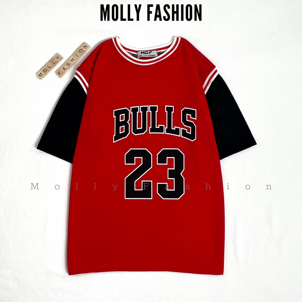 Áo thun tay lỡ Unisex form rộng Bóng rổ phối tay BULL 23 Freesize dành cho nam nữ Molly Fashion