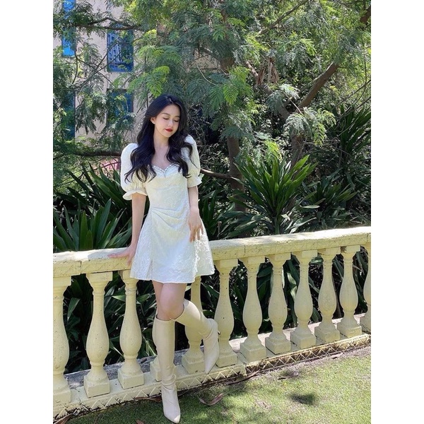 Đầm Nữ Trắng Kem Cổ Viền Ngọc Phối Lưới Tầng Dự Tiệc Cưới Đi Chơi Nữ Tính Tiểu Thư