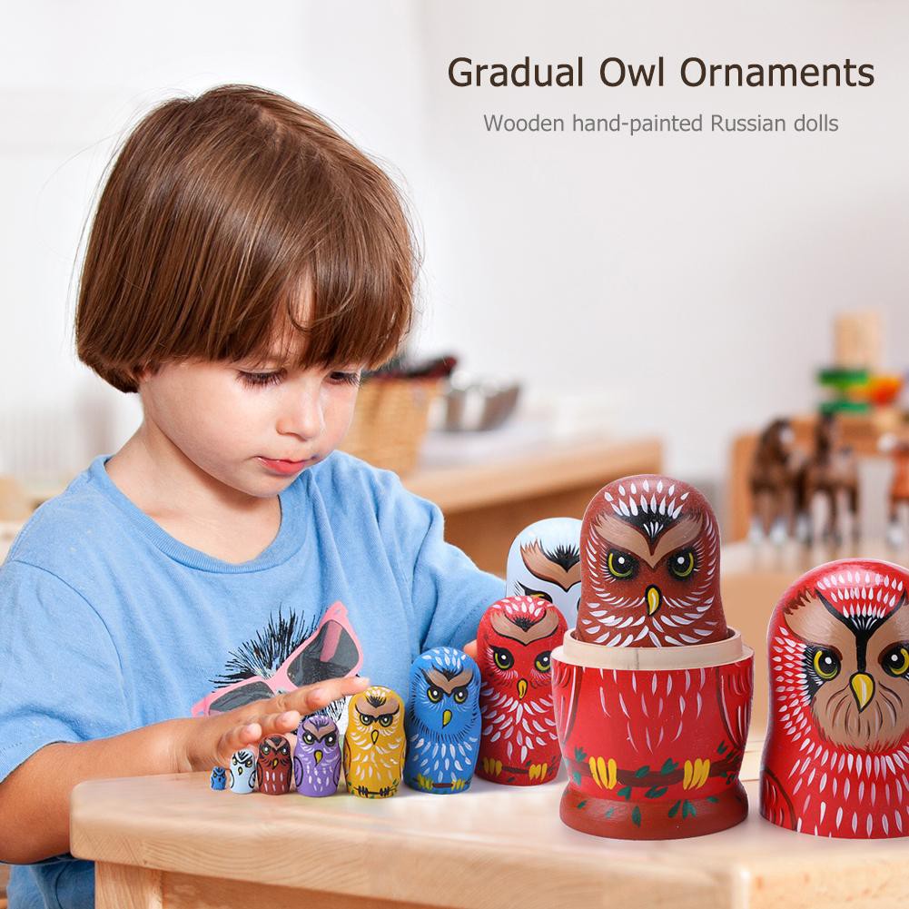 SU 10pcs Russian Matryoshka Nesting Dolls Owl Basswood Hand Painted Decor Gift