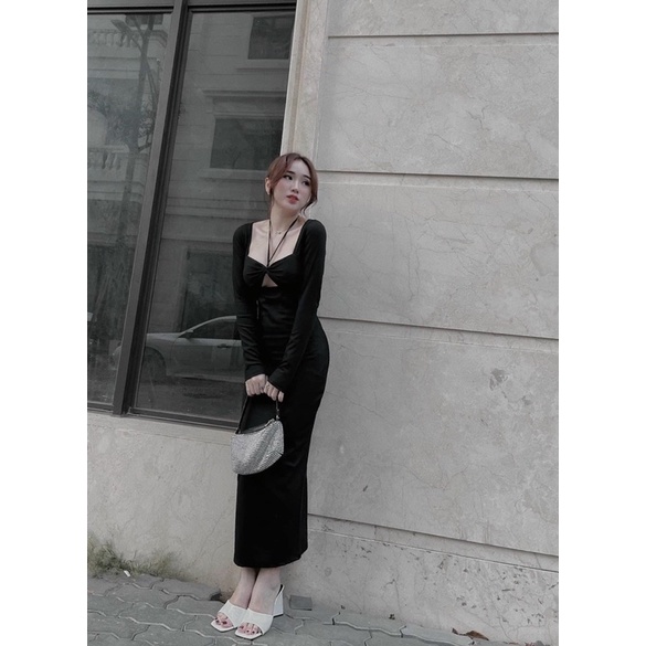 ĐẦM BODY CỔ VUÔNG DÂY RÚT NGỰC DÁNG DÀI SEXY