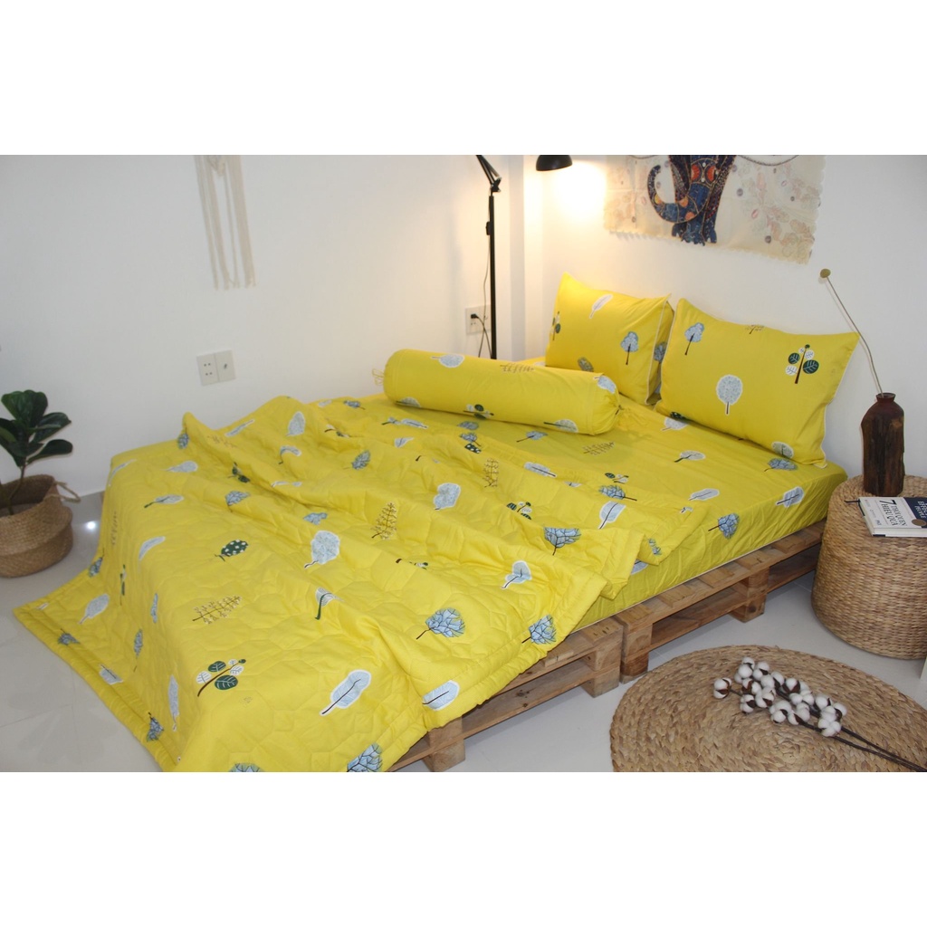 Bộ drap gối 4 món 100% cotton thiên nhiên Kha Ly có in logo trên nền vải- Mẫu Tree Vàng - Hot Trend