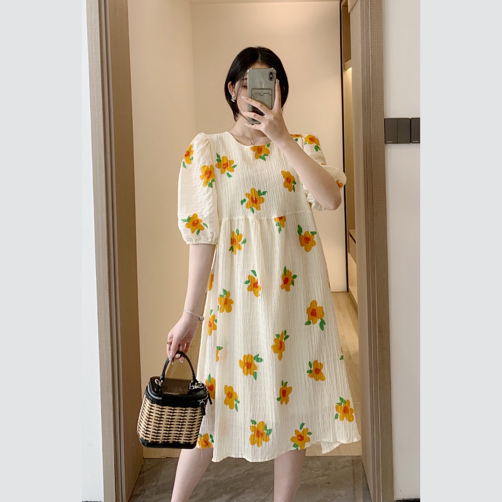 Đầm babydoll hoa vàng, váy maxi hoa dáng rộng tay phồng 2 lớp - V79