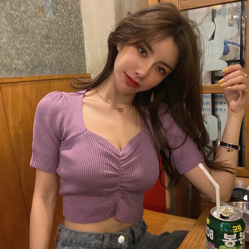 Áo Dệt Kim Ngắn Tay Cổ Chữ V Dáng Ôm Thời Trang Mùa Hè Dành Cho Nữ