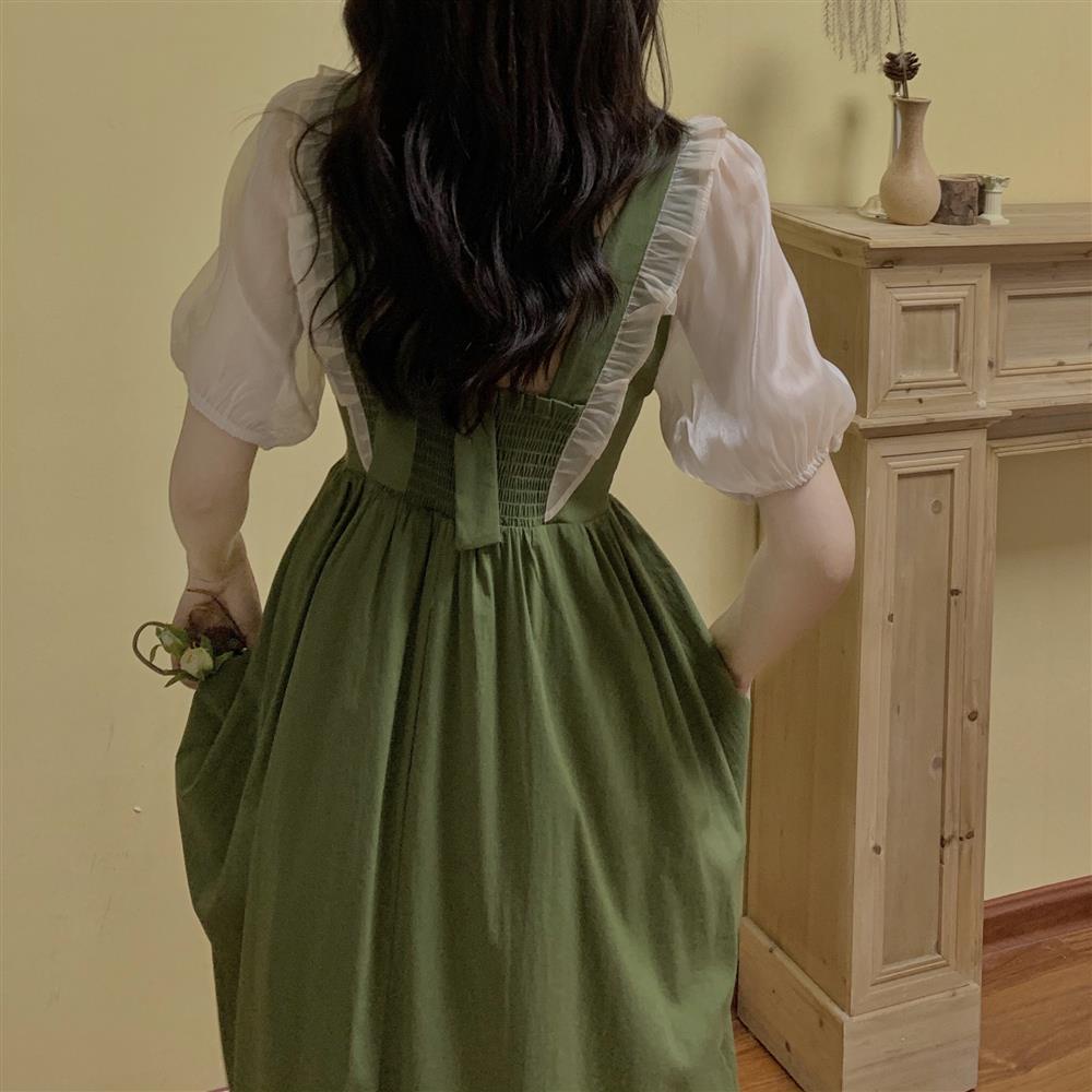 Đầm Midi Chữ A Tay Phồng Phối Lưới Màu Xanh Bơ Ngọt Ngào Phong Cách Pháp Thời Trang Cho Nữ