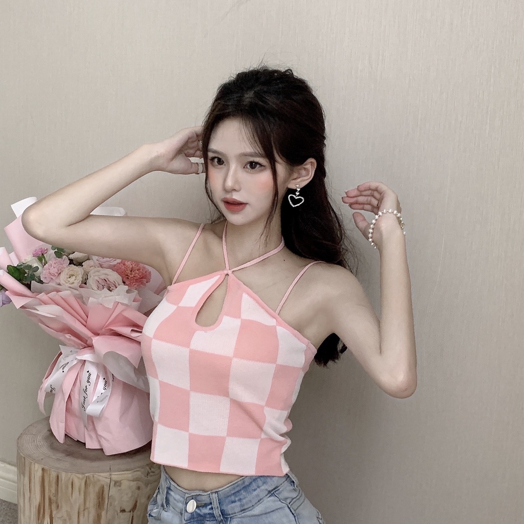 Cocory vn Đầm Mini / Áo croptop mỏng có dây treo họa tiết kẻ ô phong cách cổ điển gợi cảm cho nữ