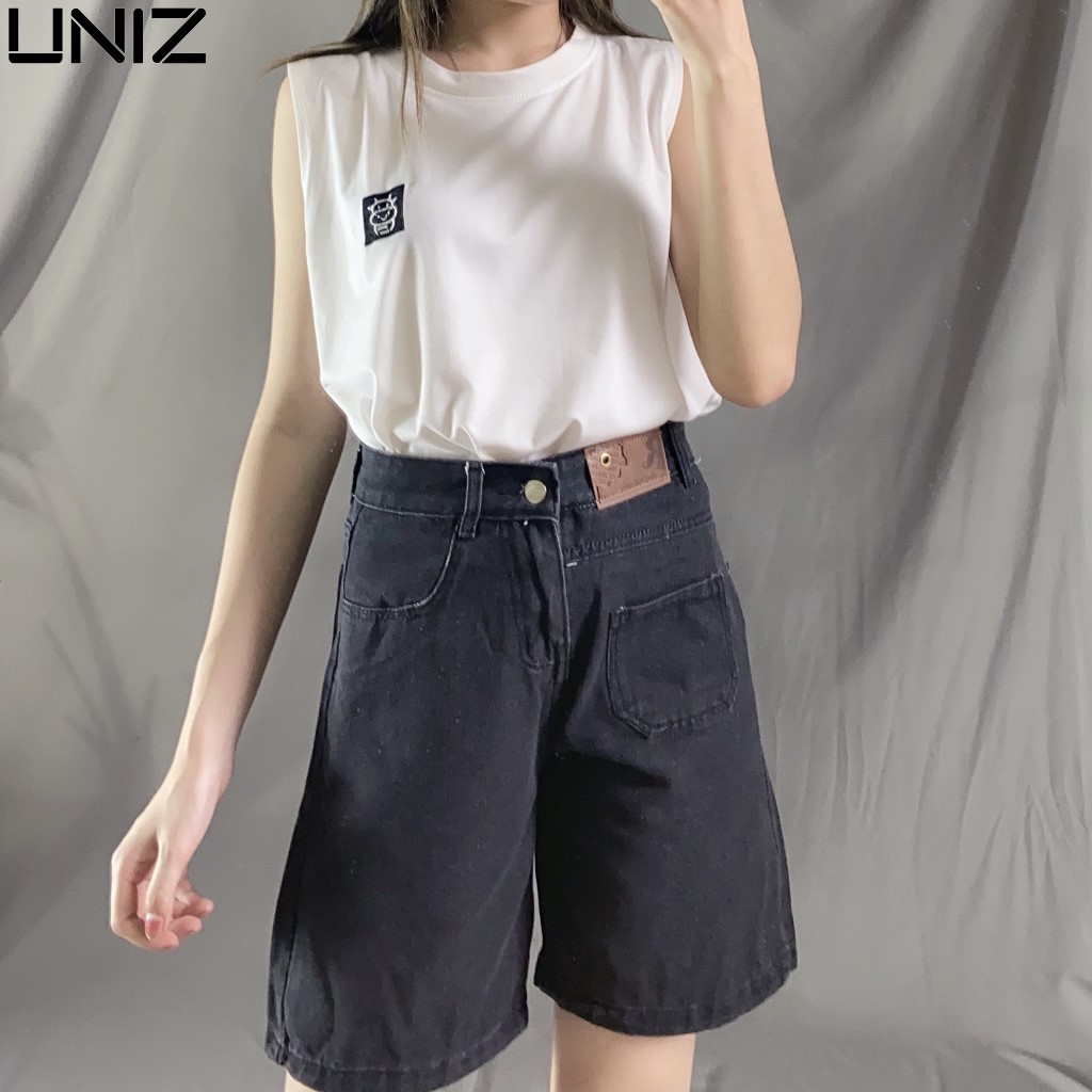 Quần Short Nữ Túi Trước UNIZ Q9015 (2 Màu), Ulzzang, Dáng Lửng, Cạp Cao, Ống Rộng Vừa, Vải Jean, Co Giãn, Mềm Nhẹ