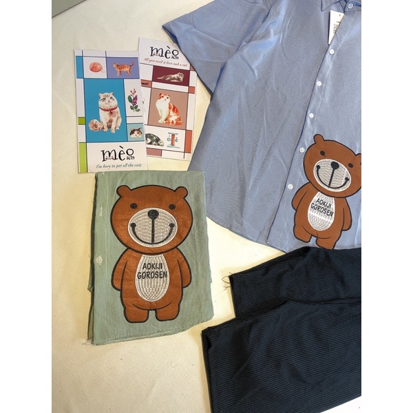 [Chuyên Sỉ] Bộ gấu ngố sơmi chất lụa, hình gấu thêu nổi, chất vải không nhăn quần co dãn, đi làm đi chơi đều xinh.