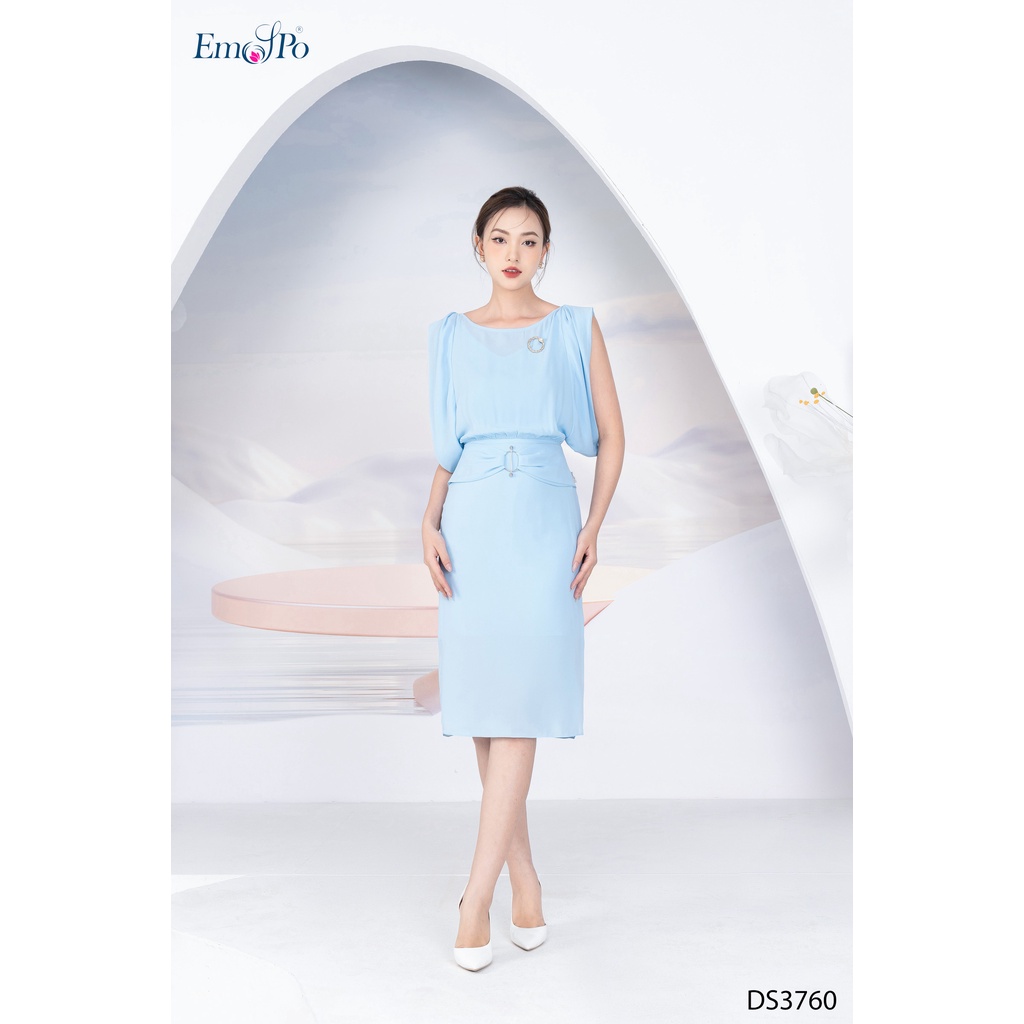 Đầm ôm gấp ly vai, tay ống rộng, đai eo liền rúm nơ Emspo DS3760