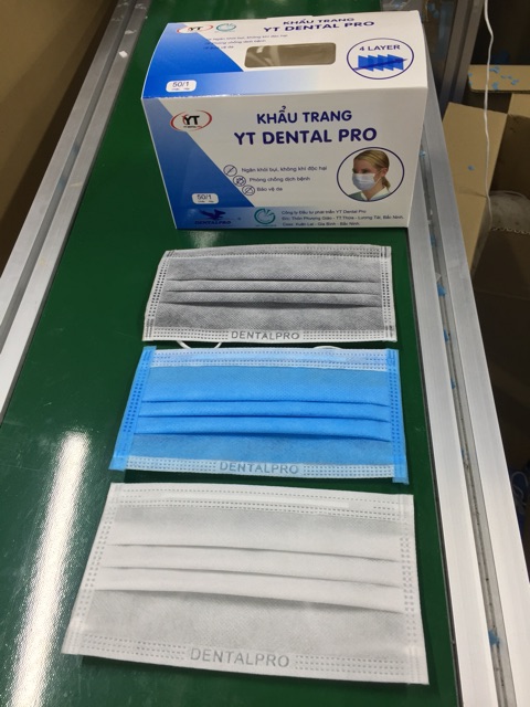 Hộp 50 chiếc KTYT 4 lớp nhãn hiệu Dental Pro, đầy đủ giấy kiểm định chất lượng.
