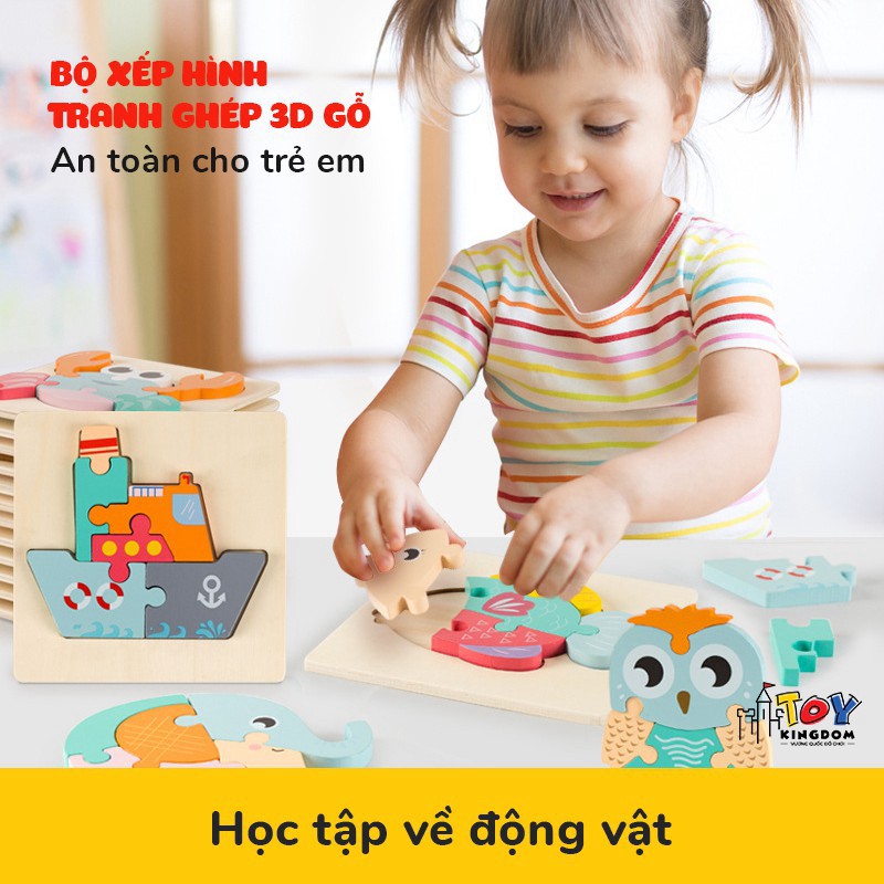 Đồ Chơi Xếp Hình Gỗ 3D - Giúp Bé Nhận Biết Con Vật, Phương Tiện, Màu Sắc