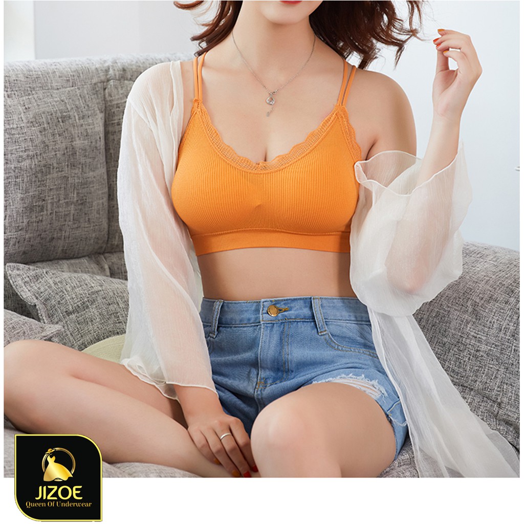 Áo bra nữ len gân tăm họa tiết viền ren 4 dây chéo lưng JIZOE ALT08