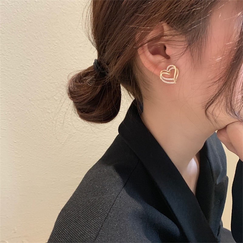 Bông Tai Mạ Bạc 925 Đính Đá Hình Trái Tim Đôi Xinh Xắn Cho Nữ