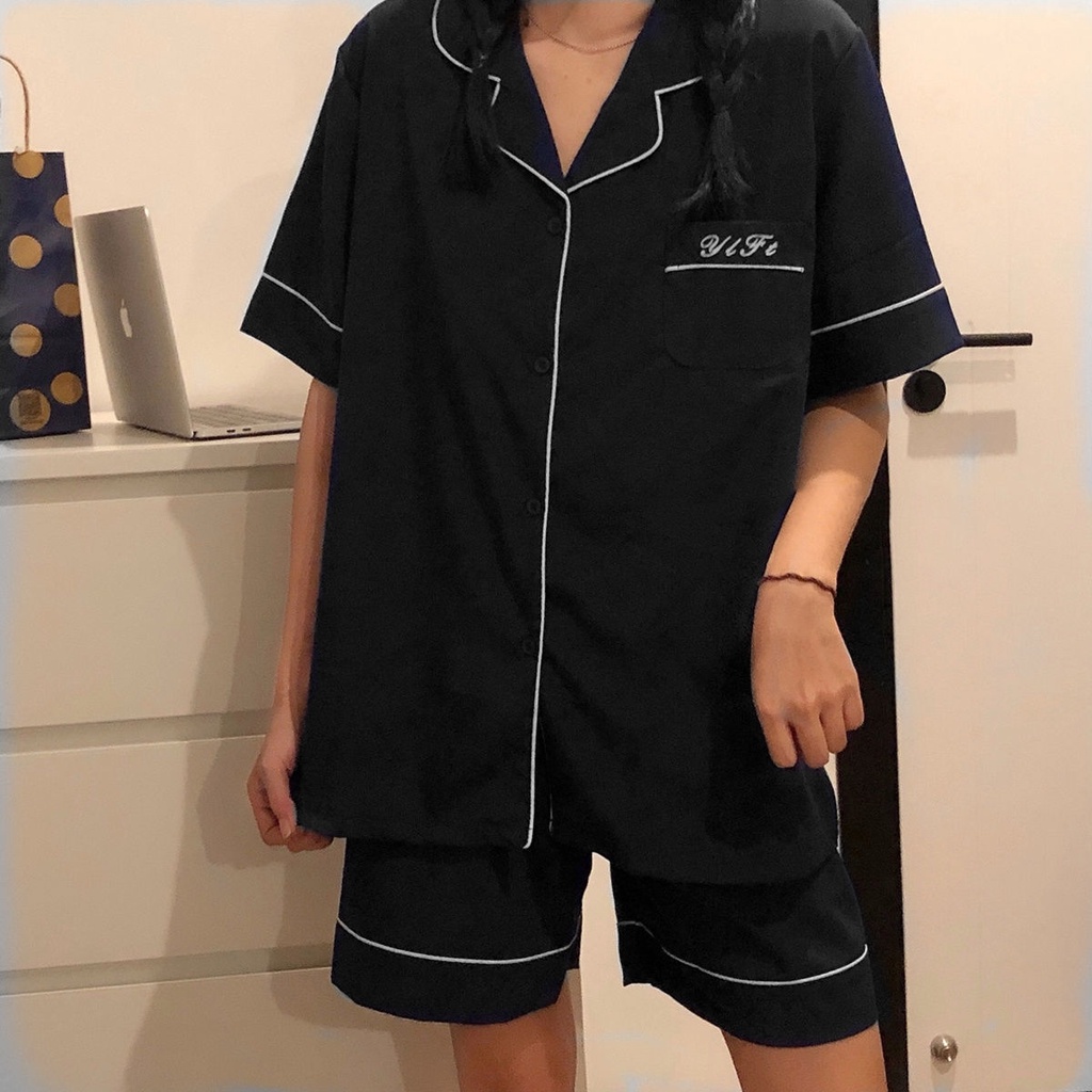 Bộ Đồ Ngủ Tay Ngắn Bằng Cotton Màu Trơn In Chữ Đơn Giản Dành Cho Nam Nữ