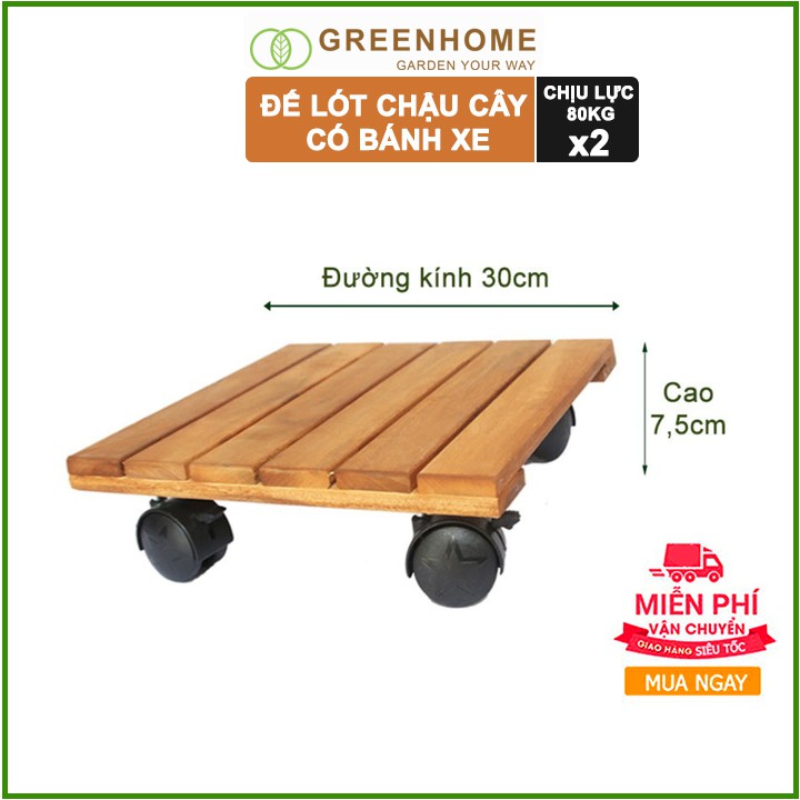 Bộ 2 Đế lót chậu cây có bánh xe, hình vuông, màu nâu, bằng gỗ, chịu lực 80kg, R30xC8cm |Greenhome