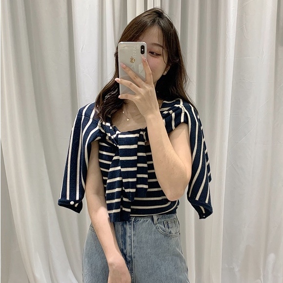 Set áo cardigan và áo hai dây ZHELIHANGFEI dệt kim kẻ sọc phong cách retro