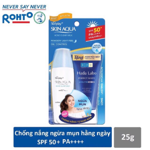 Kem chống nắng Sunplay Skin Aqua Acne Clear Milk 25g tặng kem rửa mặt Hadalabo/Acnes 25g hoặc son Water Color | BigBuy360 - bigbuy360.vn