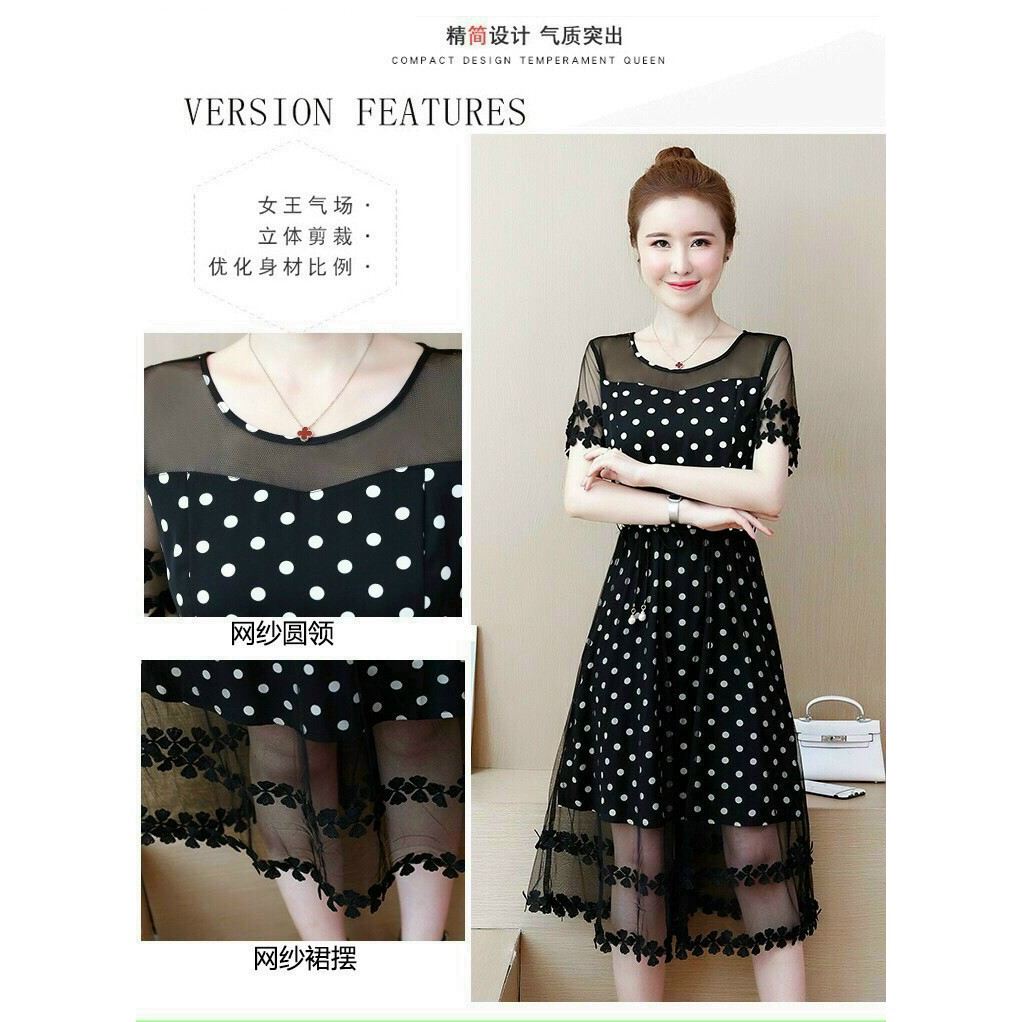 ĐẦM CHẤM BI TAY NGẮN PHỐI LƯỚI REN HOA kèm thắt lưng rời - 20Xcloset