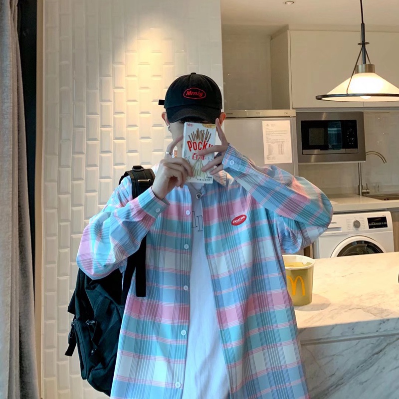 Áo khoác sơ mi caro tay dài phong cách Nhật Bản thời trang xuân thu cho nam 2021