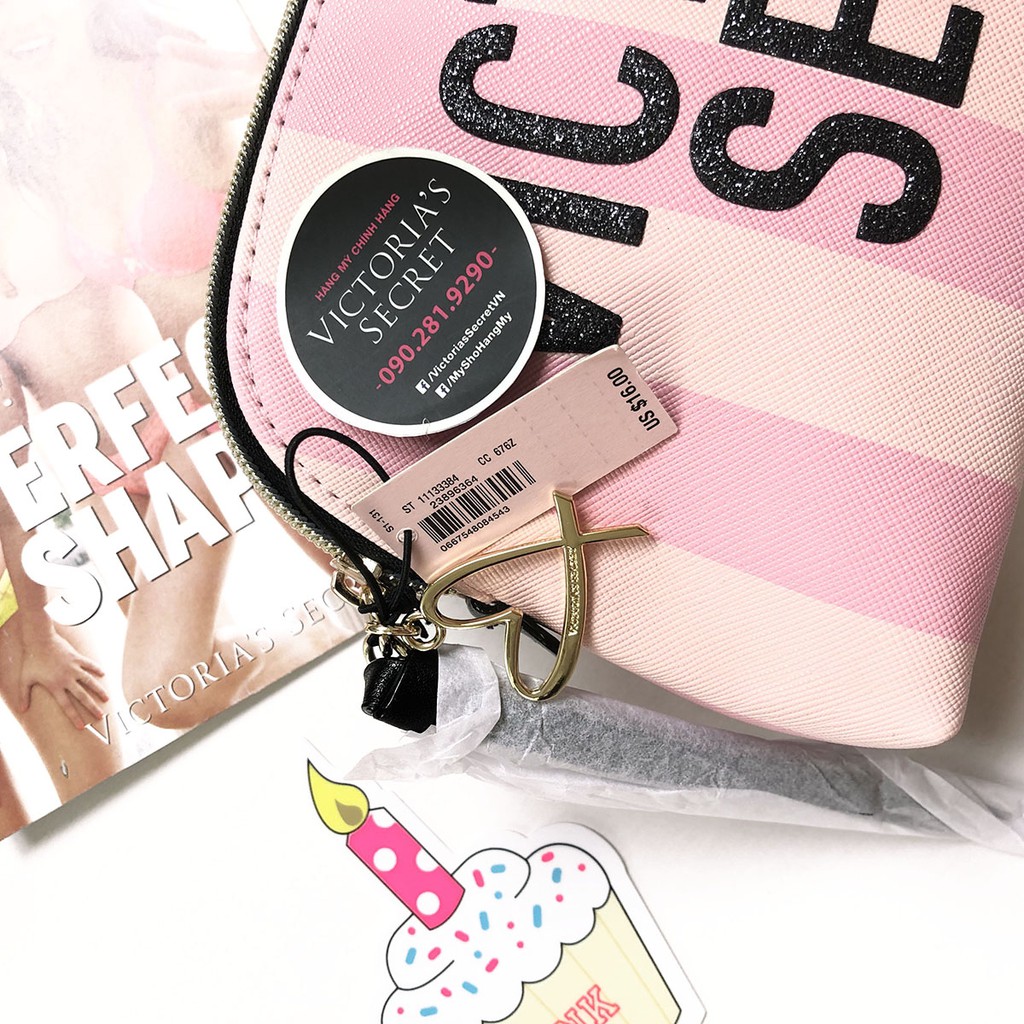 Túi đựng đồ trang điểm sọc hồng (176) - Hàng nhập Victoria's Secret USA