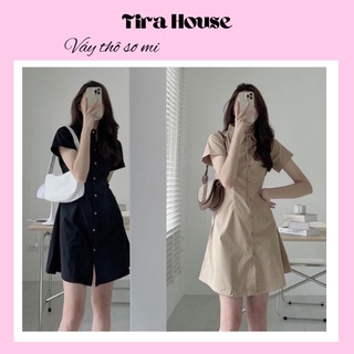 Váy sơ mi 3 màu trơn lưng bo chun eo, đầm tay ngắn đơn giản, váy sơ mi thô mềm lưng bo chun vsm199 tirahouse