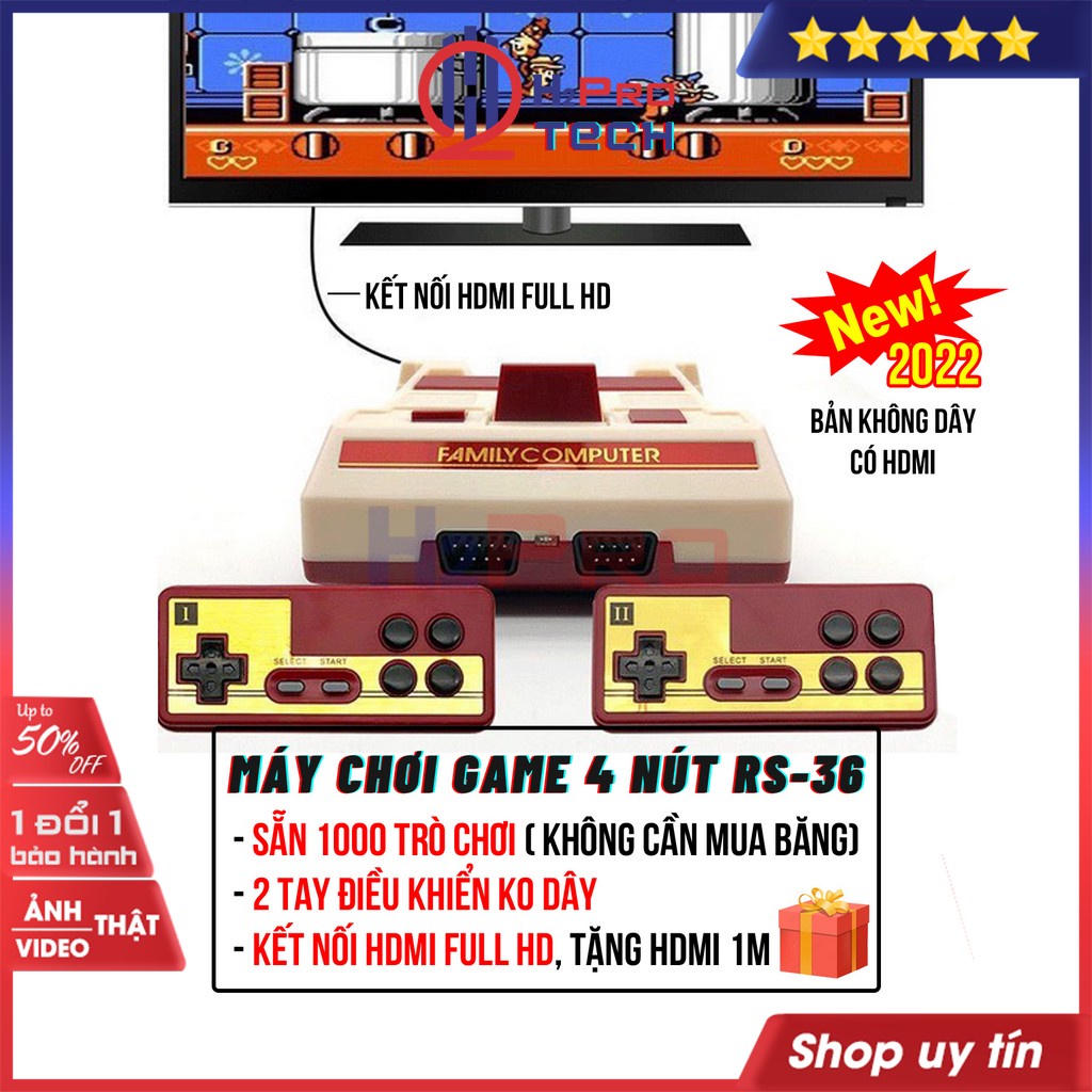 Máy Chơi Game 4 Nút Không Dây, Điện Tử 4 Nút Rs-36 Cao Cấp, 1000 Trò Chơi, Điều Khiển Không Dây 2.4G, Kết Nối Hdmi-H2Pro