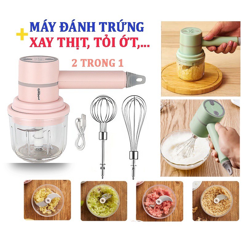 Máy đánh trứng cầm tay 3 trong 1 đa năng pin sạc Jiashi- Máy xay thịt tỏi ớt hạt tiêu đánh sữa cafe mini không dây MDT02